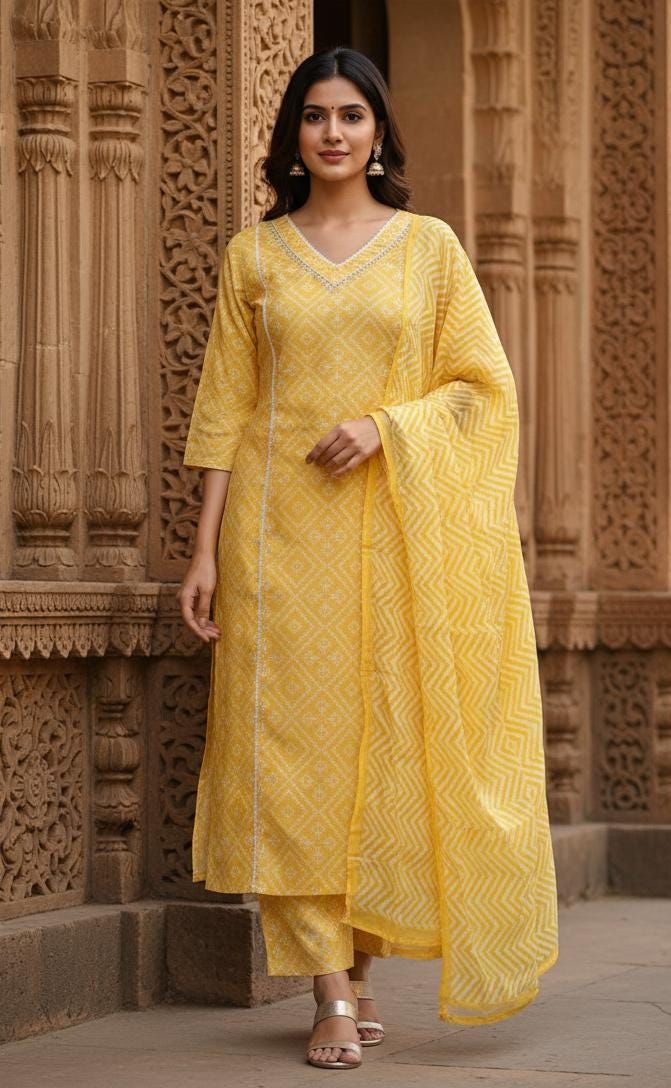 Women's Yellow Printed Cotton Kurta Pant Dupatta Set - Summer, Festive & Casual Ethnic Wear.jpeg
